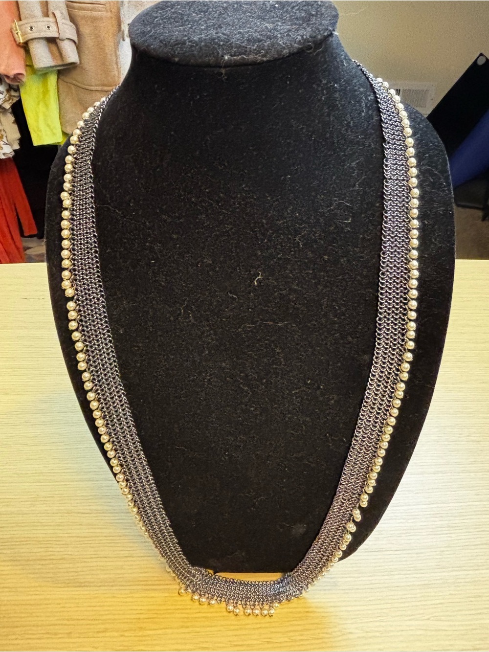 J. Crew Gunmetal Silver Mesh and Faux White Pearl Scarf Bib Necklace